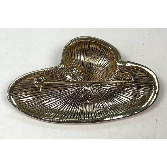 VTG LIZ CLAIBORNE 2.25" Red & Goldtone Enamel Hat BROOCH Pin Flower Signed EUC - Picture 2 of 3